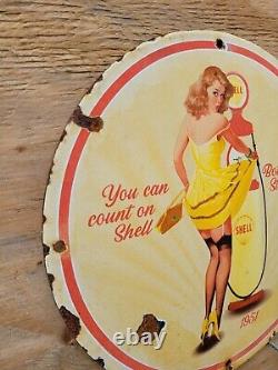 Vintage 1951 Shell Porcelain Sign Station Gasoline Motor Oil Service Pump Girl