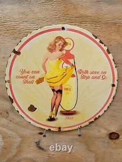 Vintage 1951 Shell Porcelain Sign Station Gasoline Motor Oil Service Pump Girl