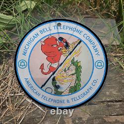 Vintage 1952 Michigan Bell Telephone Co. Hot Stuff Porcelain Gas Oil 4.5 Sign