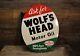 Vintage 1955 Wolf's Head Motor Oil Painted Double Sided Flange Sign Wolverine Co