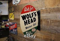 Vintage 1955 WOLF'S HEAD Motor Oil Painted Double Sided FLANGE Sign Wolverine Co