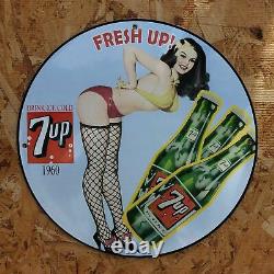 Vintage 1960 7up Fresh Up Ice Cold Soft Drink Beverage Porcelain Gas & Oil Sign