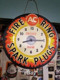 Vintage 1960's AC Fire Ring Spark Plugs Gas Oil 17 Lighted Embossed Clock Sign