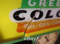 Vintage 1960's Gas Station Sign Light Clock Green Colonial Gas Oil Coal Furnace