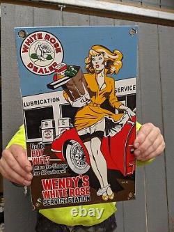 Vintage 1964 White Rose Gasoline Motor Oil Porcelain Metal Gas Station Sign