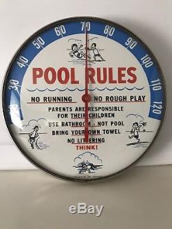 Vintage 1967 Swimming Pool Rules Hotel Gas Oil 12 Metal Glass Thermometer Sign