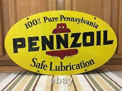 Vintage 1972 Pennzoil Double Sided Metal Oval Sign A M 1-72 31 X 18 Gas Oil 1