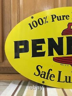 Vintage 1972 Pennzoil Double Sided Metal Oval Sign A M 1-72 31 X 18 Gas Oil 1