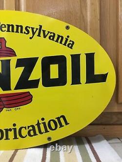 Vintage 1972 Pennzoil Double Sided Metal Oval Sign A M 1-72 31 X 18 Gas Oil 1