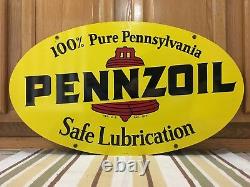 Vintage 1972 Pennzoil Double Sided Metal Oval Sign A M 1-72 31 X 18 Gas Oil 1