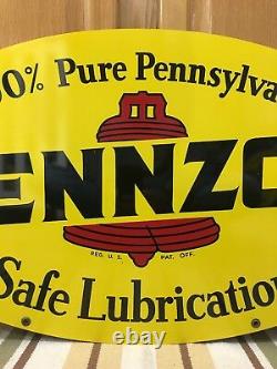 Vintage 1972 Pennzoil Double Sided Metal Oval Sign A M 1-72 31 X 18 Gas Oil 1