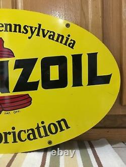 Vintage 1972 Pennzoil Double Sided Metal Oval Sign A M 1-72 31 X 18 Gas Oil 1