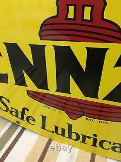 Vintage 1972 Pennzoil Double Sided Metal Oval Sign A M 1-72 31 X 18 Gas Oil 1