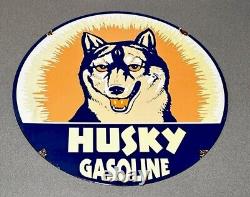 Vintage 24 Husky Gasoline Dog Double Sided Dealership Porcelain Sign Gas Oil