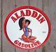 Vintage Aladdin Gasoline Pinup Girl Style Porcelain Gas Oil Motorpump Plate Sign