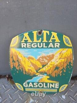 Vintage Alta Gasoline Porcelain Sign Regular Fuel Gas Station Service Plaque