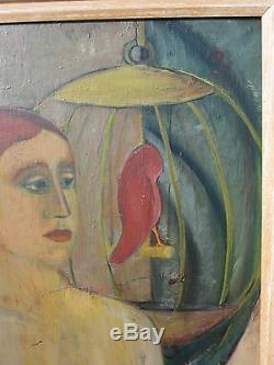 Vintage American Wi Expressionist MID Century Mod Redhead Nude Birdcage Painting