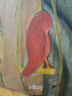 Vintage American Wi Expressionist MID Century Mod Redhead Nude Birdcage Painting