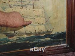 Vintage Antique signed T Bailey Nautical Boston Clipper Ship Oil Canvas Painting