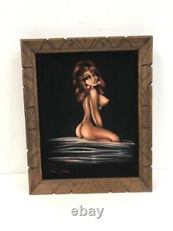 Vintage BLACK VELVET PAINTING nude woman risque wall art mid century modern 70s