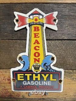 Vintage Beacon Porcelain Sign Gas & Oil Ethyl Lighthouse Gasoline Pump Plate