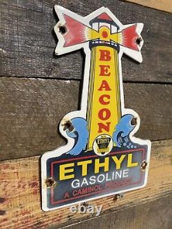 Vintage Beacon Porcelain Sign Gas & Oil Ethyl Lighthouse Gasoline Pump Plate