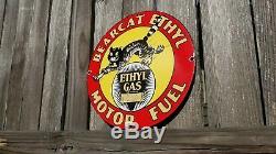 Vintage Bearcat Gasoline Porcelain Gas Ethyl Motor Oil Service Station Pump Sign