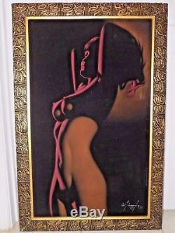 Vintage Black Velvet Nude Signed Painting Framed Retro Art