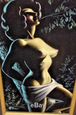 Vintage Black Velvet Nude Signed Painting Framed Retro Art 1960's