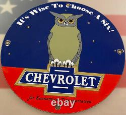 Vintage Chevrolet Owl Porcelain Sign Metal Gasoline Motor Oil 11 3/4 Dealership
