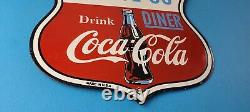 Vintage Coca Cola Diner Sign Route 66 Gas Oil Pump Restaurant Porcelain Sign