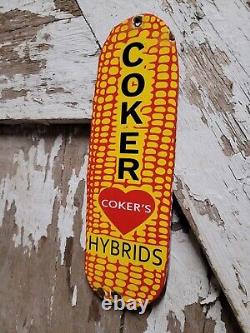 Vintage Coker Porcelain Sign Corn Cob Farming Livestock Feed Oil Gas Cow Chicken