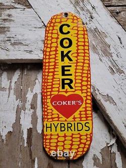 Vintage Coker Porcelain Sign Corn Cob Farming Livestock Feed Oil Gas Cow Chicken