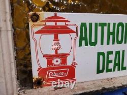 Vintage Coleman Sign Camping Oil Lantern Lamp Cabin Sport Goods Porcelain Sign