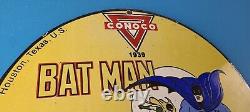 Vintage Conoco Gasoline Porcelain Sign Batman Robin Comics Texas Gas Pump Sign