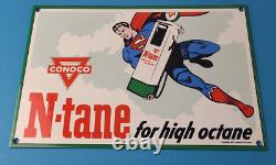 Vintage Conoco Gasoline Sign Superman Comics Porcelain Gas Pump Sign