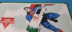 Vintage Conoco Gasoline Sign Superman Comics Porcelain Gas Pump Sign