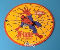 Vintage Conoco Porcelain Spiderman Gasoline Superhero Comic Book Oil Rack Sign