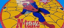 Vintage Conoco Porcelain Spiderman Gasoline Superhero Comic Book Oil Rack Sign