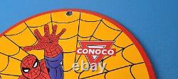 Vintage Conoco Porcelain Spiderman Gasoline Superhero Comic Book Oil Rack Sign