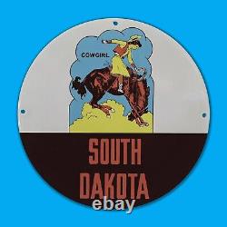 Vintage Cowgirl South Dakota Gas Station Service Man Cave Oil Porcelain Sign