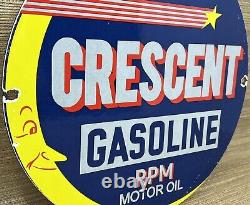 Vintage Crescent Gasoline Porcelain Sign Gas Station Pump Plate Motor Oil Moon