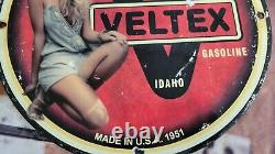 Vintage Dated 1951 Veltex Gasoline & Motor Oil Porcelain Gas Station Pump Sign