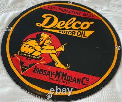 Vintage Delco Motor Oil Porcelain Sign Independent Service Station Pump Plate