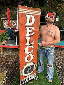 Vintage Delco Tire Battery Vertical Sign Gasoline Gas Oil 70X19in