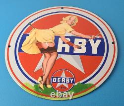 Vintage Derby Gasoline Sign Porcelain, Motor Oil Gas Pump Plate Sign