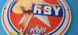 Vintage Derby Gasoline Sign Porcelain, Motor Oil Gas Pump Plate Sign