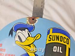 Vintage Disney Sunoco Donald Duck Porcelain Sign Pump Plate Gas Station Oil Lube