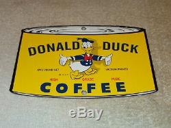 Vintage Donald Duck Coffee Die-cut Can 7 3/4 Porcelain Metal Gasoline Oil Sign