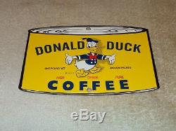 Vintage Donald Duck Coffee Die-cut Can 7 3/4 Porcelain Metal Gasoline Oil Sign